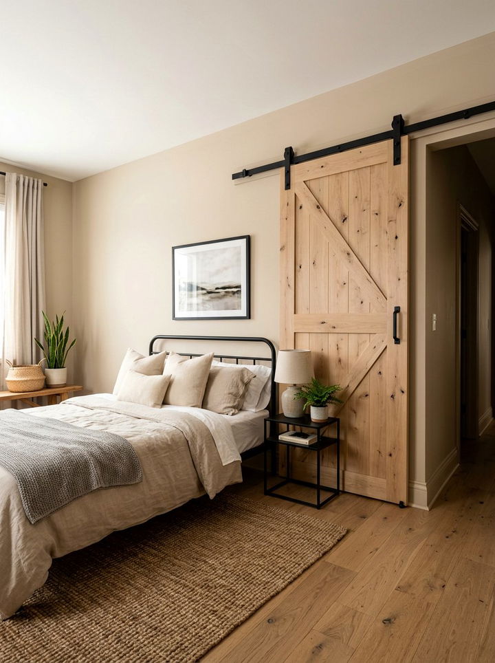 Sliding Barn Door - 30 farmhouse beige bedroom ideas