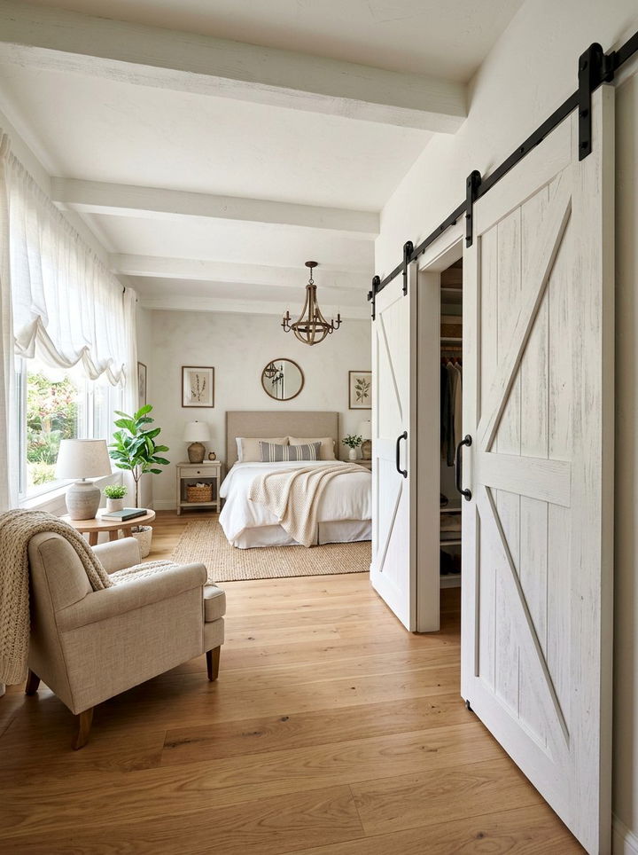 Sliding barn door closet - 30 rustic white bedroom ideas