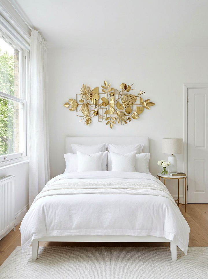 Small white bedroom with gold wall art - 30 gold and white bedroom ideas