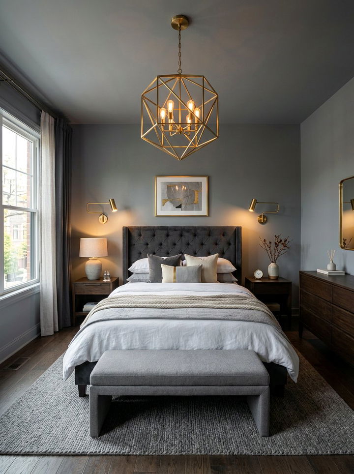 Smoke Gray Bedroom With Brass Lighting - 30 smoke gray bedroom ideas