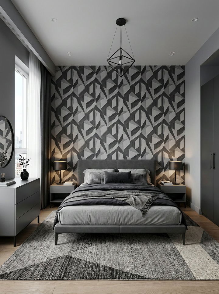 Smoke Gray Bedroom With Geometric Wallpaper - 30 smoke gray bedroom ideas
