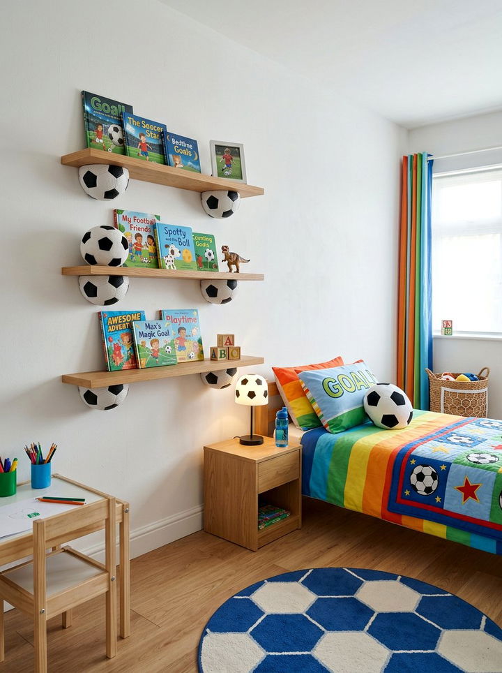 Soccer ball floating shelves - 30 soccer bedroom ideas