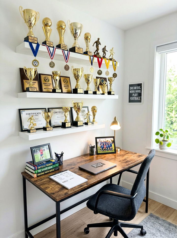 Soccer trophy shelf - 30 soccer bedroom ideas