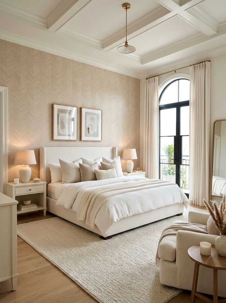 Soft Beige Herringbone Wall - 30 bedroom herringbone wall ideas