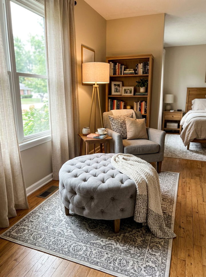 Soft Grey Tufted Ottoman - 30 grey bedroom furniture ideas