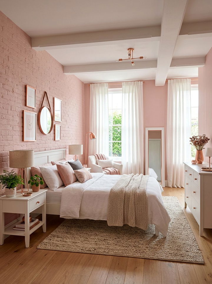 Soft Pink Painted Brick - 30 bedroom brick wall ideas