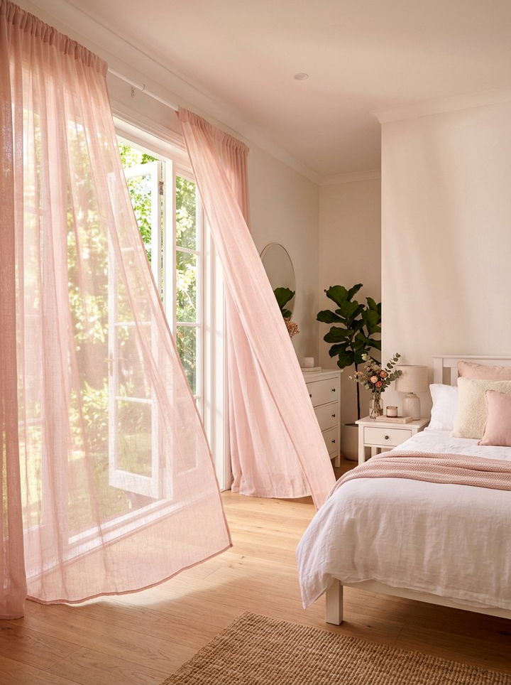 Soft Pink Sheer Curtains - 30 millennial pink bedroom ideas