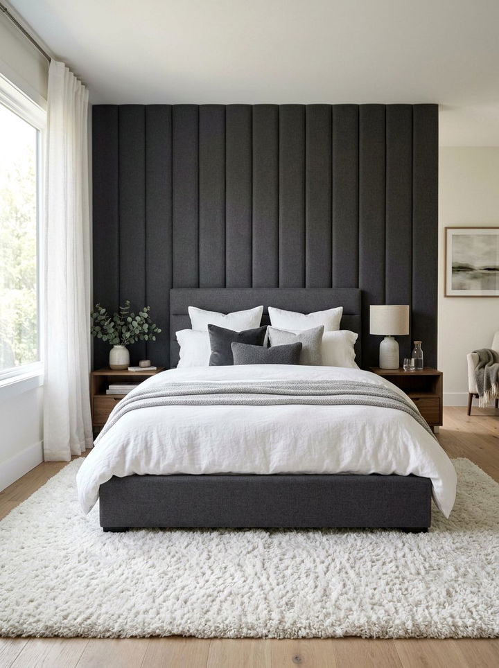 Soft charcoal white upholstered bedroom - 30 charcoal and white bedroom ideas