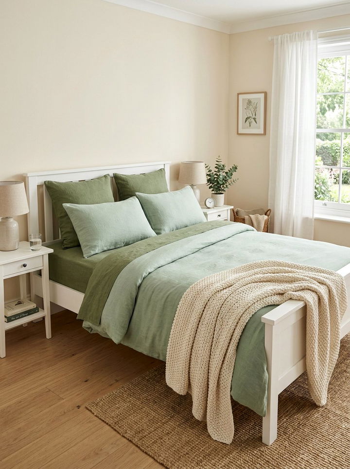 Soft green bedroom bedding - 30 farmhouse green bedroom ideas