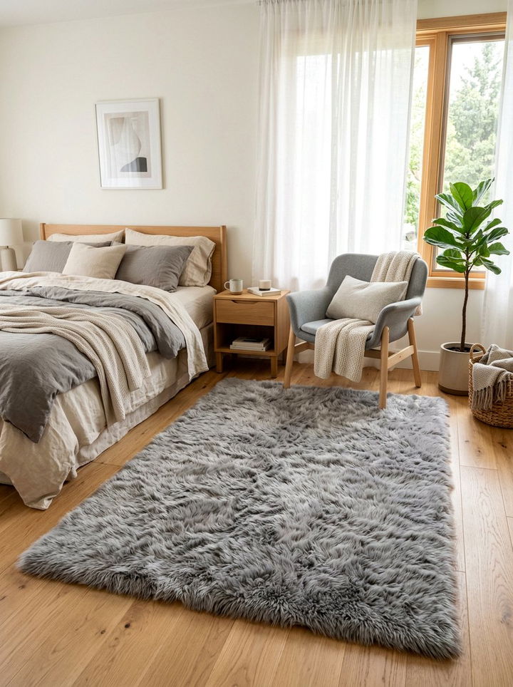 Soft grey faux fur rug - 30 grey bedroom accessories ideas