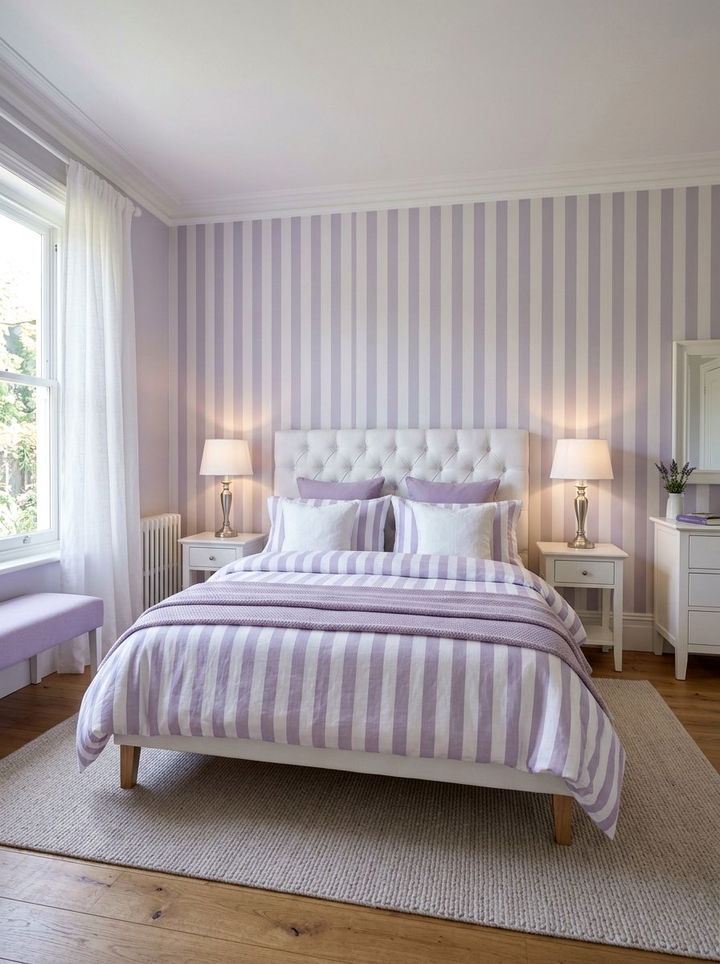 Soft lavender and white stripes - 30 bedroom striped wall ideas