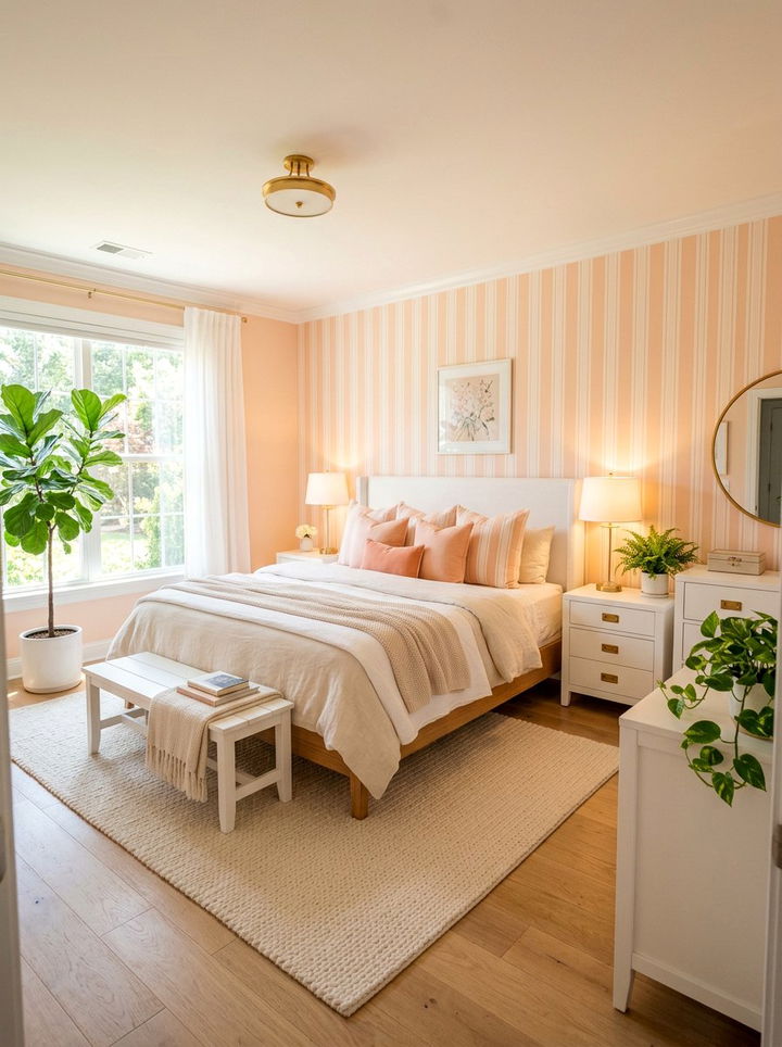 Soft peach and white stripe - 30 bedroom striped wallpapers