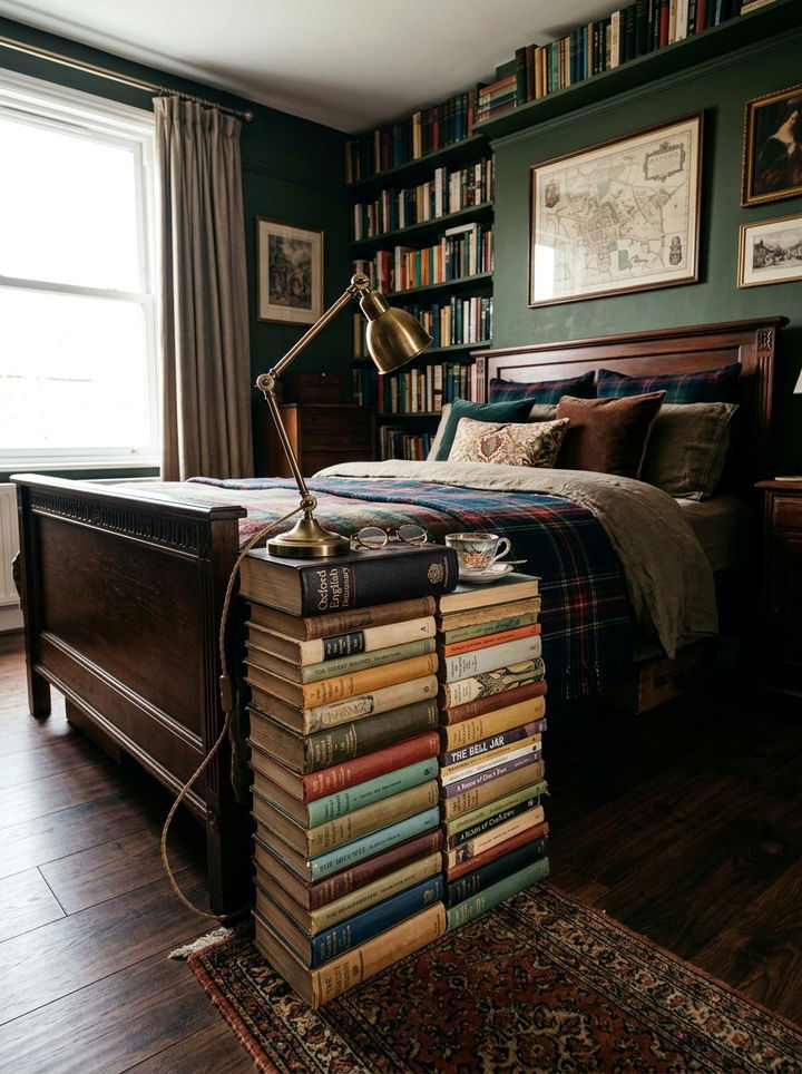 Stacked Book Bedside Table - 30 dark academia bedroom ideas