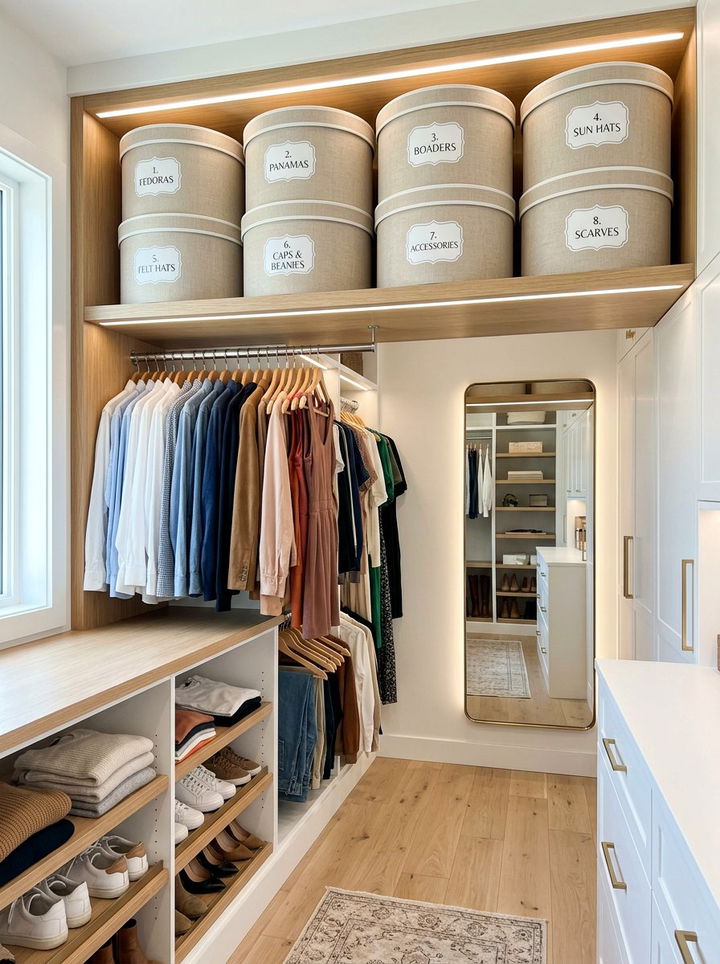 Stacked hat boxes - 30 bedroom hat storage ideas