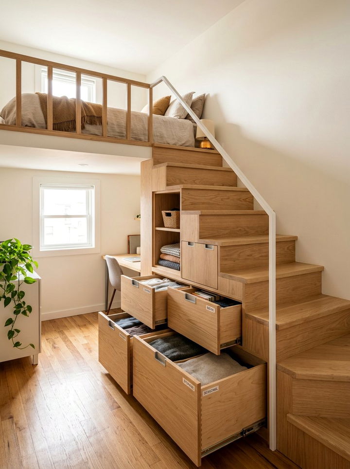 Staircase storage drawers - 30 bedroom convertible furniture ideas