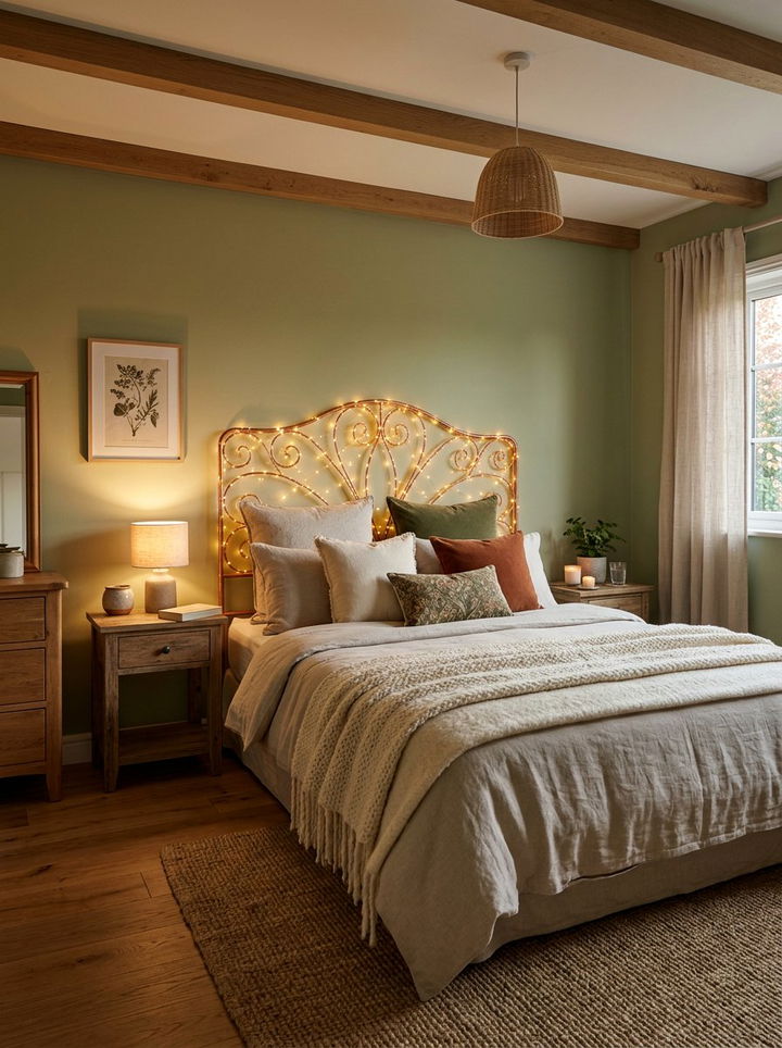 Starry string lights on headboard - 30 bedroom string lights ideas