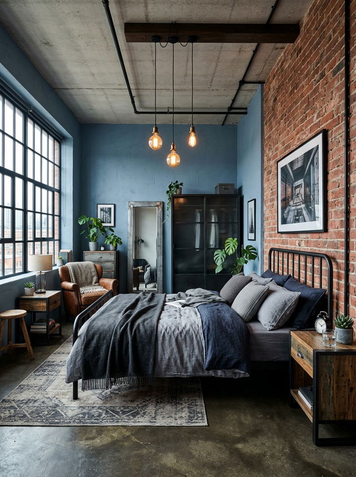Steel Blue Industrial Bedroom - 30 blue bedroom design ideas