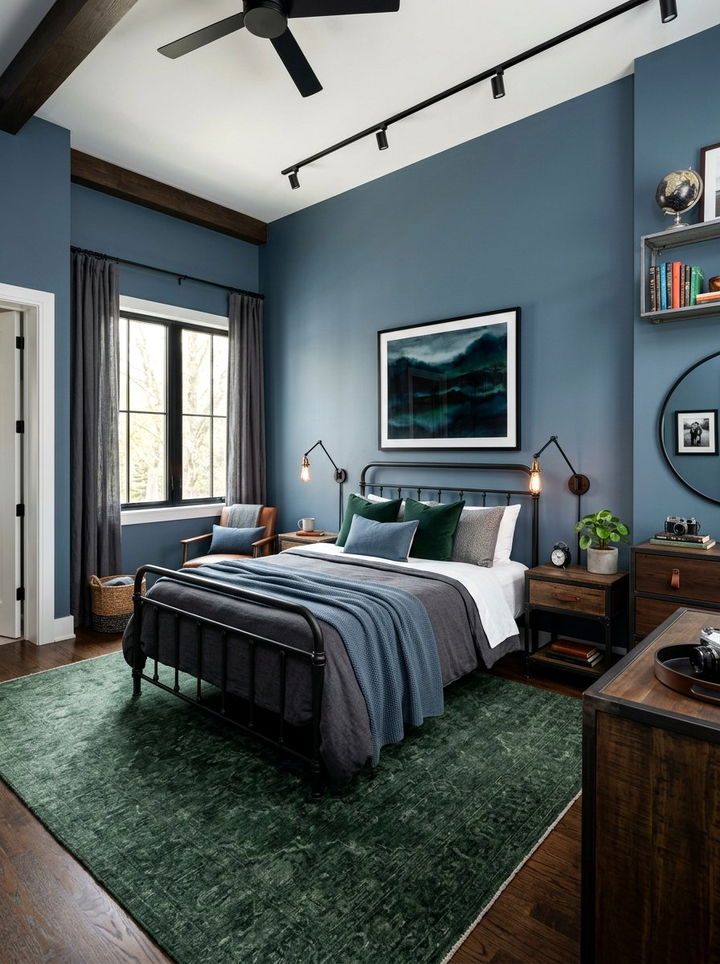 Steel blue and hunter green bedroom - 30 blue and green bedroom ideas