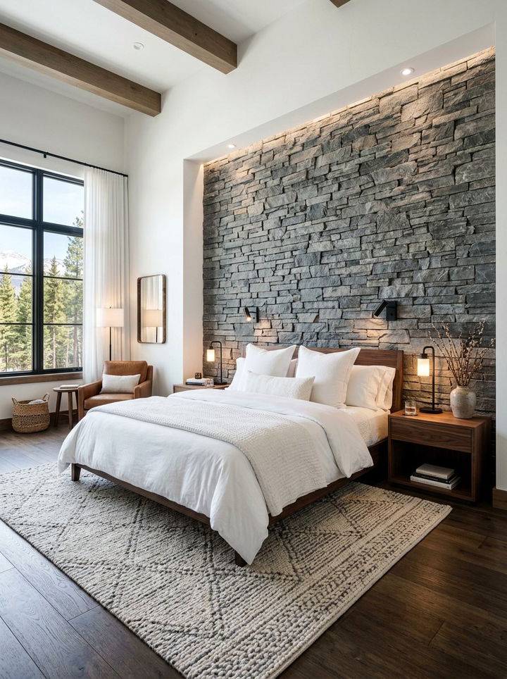 Stone Accent Wall - 30 cabin bedroom ideas