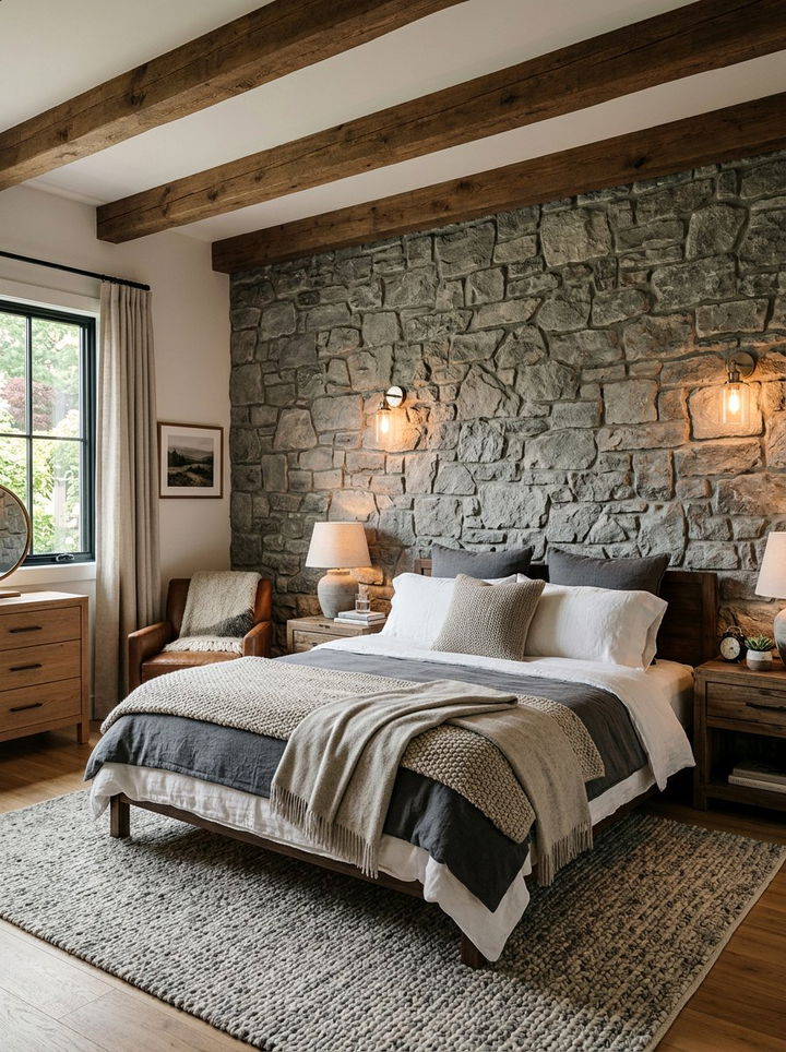 Stone Accent Wall - 30 nature themed bedroom ideas