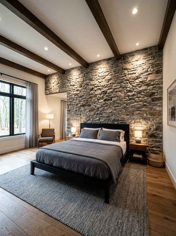 Stone Accent Wall - 30 rustic black bedroom ideas