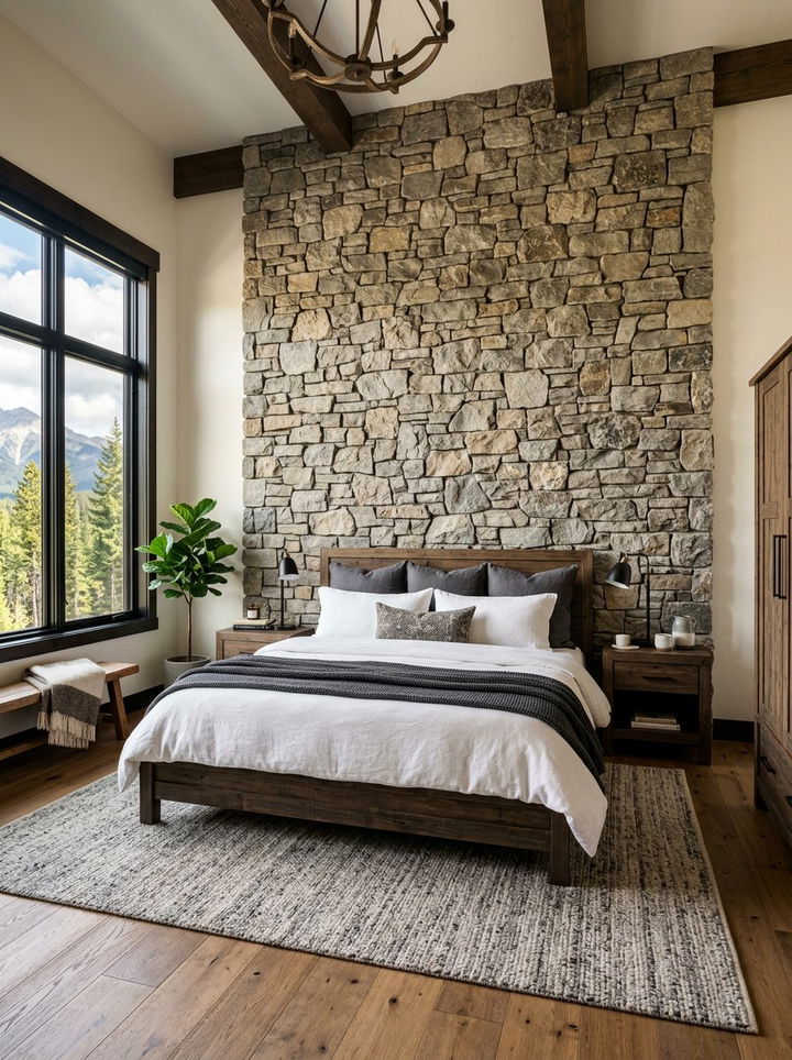 Stone Accent Wall - 30 woodland bedroom ideas
