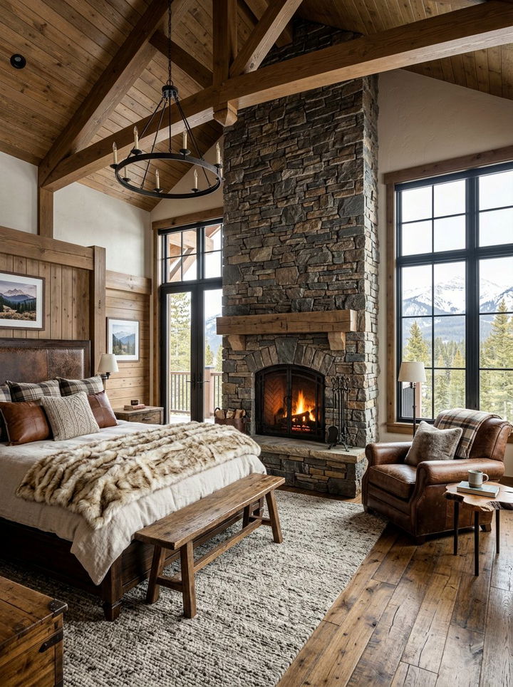 Stone Fireplace Mountain Master Bedroom - 30 mountain house bedroom ideas
