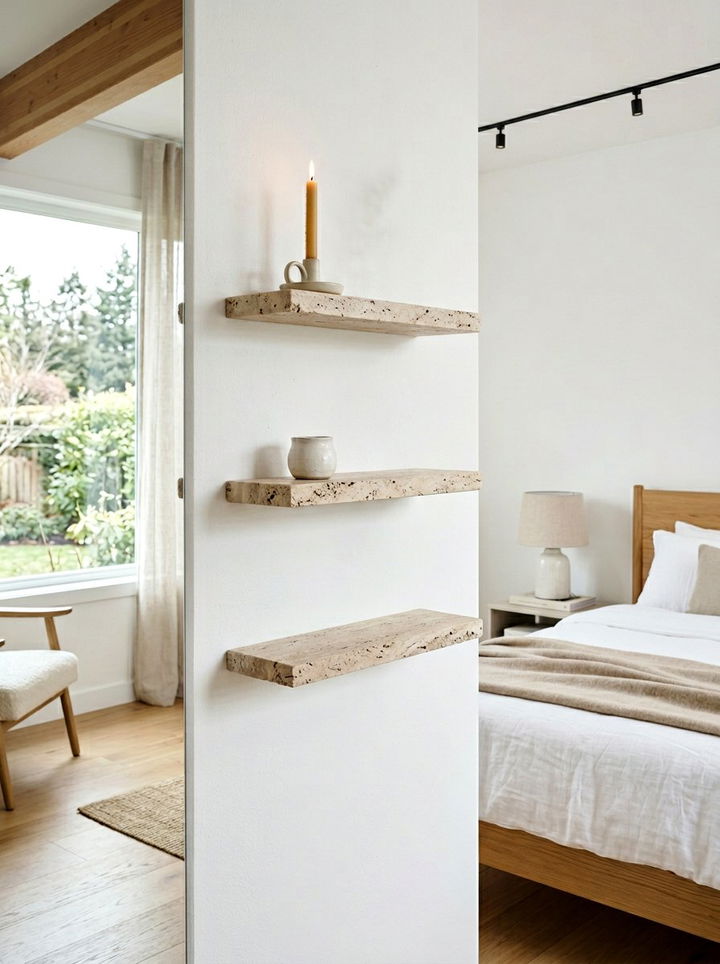 Stone Floating Shelves - 30 soft minimalist bedroom ideas