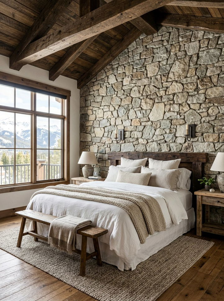 Stone Wall Accent Mountain Bedroom - 30 mountain house bedroom ideas