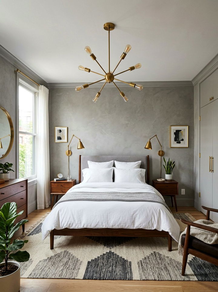 Stone gray bedroom with brass lighting - 30 stone gray bedroom ideas