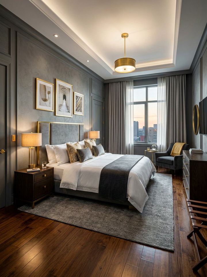 Stone gray bedroom with gold accents - 30 stone gray bedroom ideas