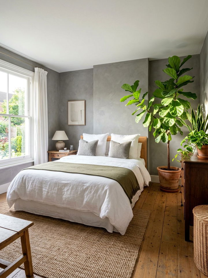 Stone gray bedroom with green plants - 30 stone gray bedroom ideas
