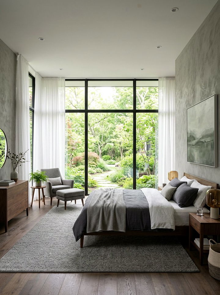 Stone gray bedroom with large windows - 30 stone gray bedroom ideas