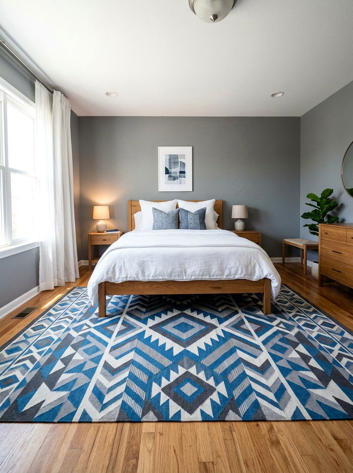 Stone gray bedroom with patterned rug - 30 stone gray bedroom ideas