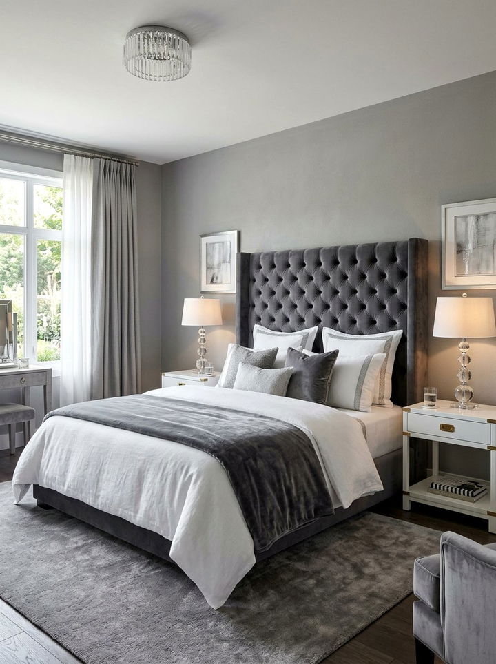 Stone gray bedroom with velvet headboard - 30 stone gray bedroom ideas