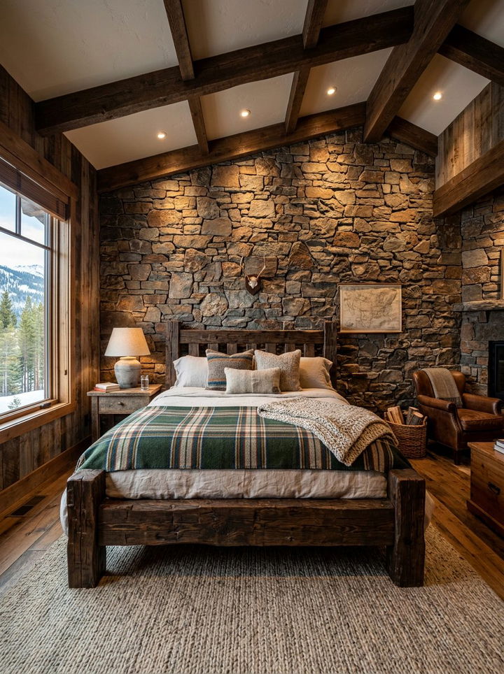 Stone veneer wall - 30 bedroom feature wall ideas