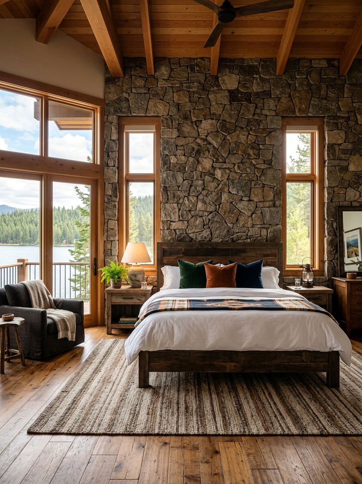 Stone wall bedroom - 30 lake house bedroom ideas