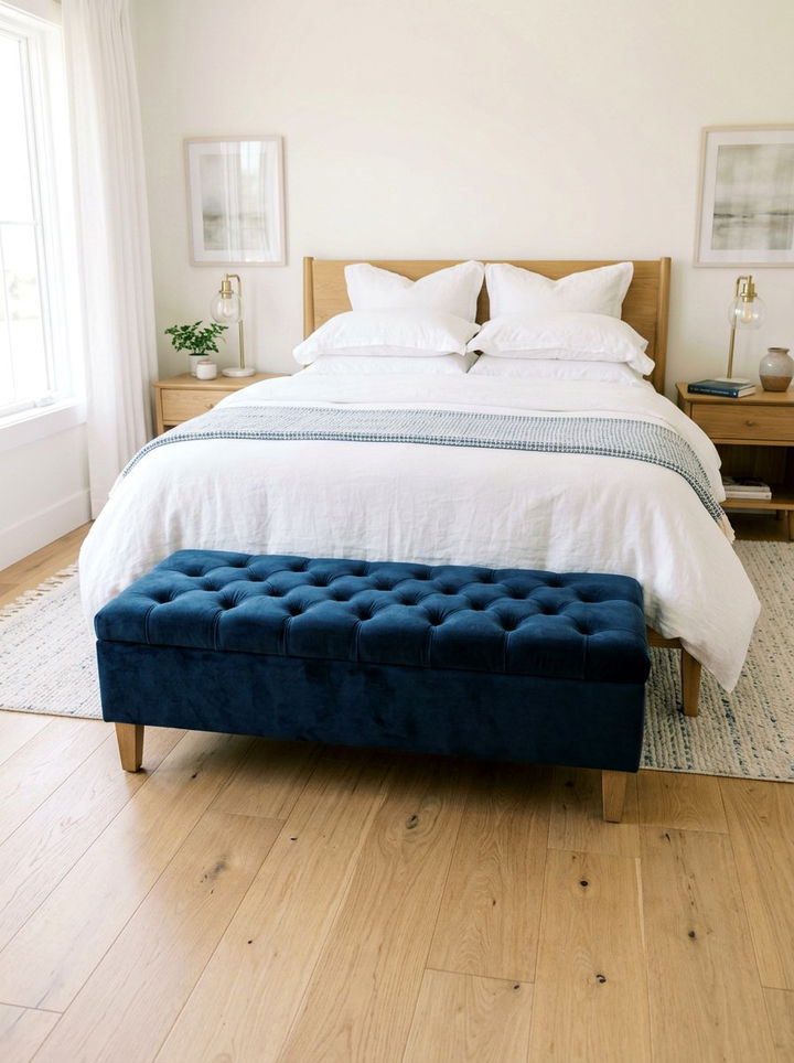 Storage ottoman at bed foot - 30 no drill bedroom ideas