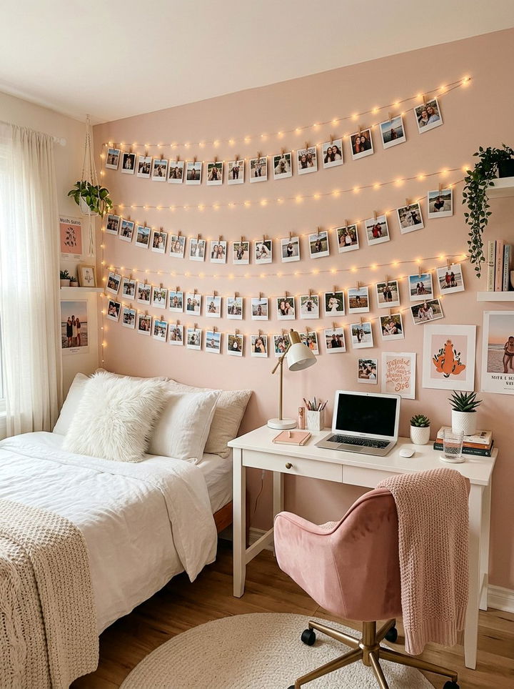 String light photo clip wall - 30 bedroom memory wall ideas