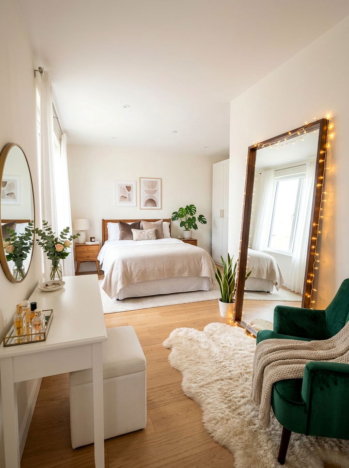 String lights around wall mirror - 30 bedroom string lights ideas