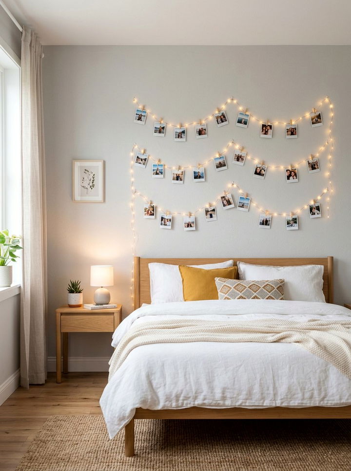 String lights on wall - 30 no drill bedroom ideas