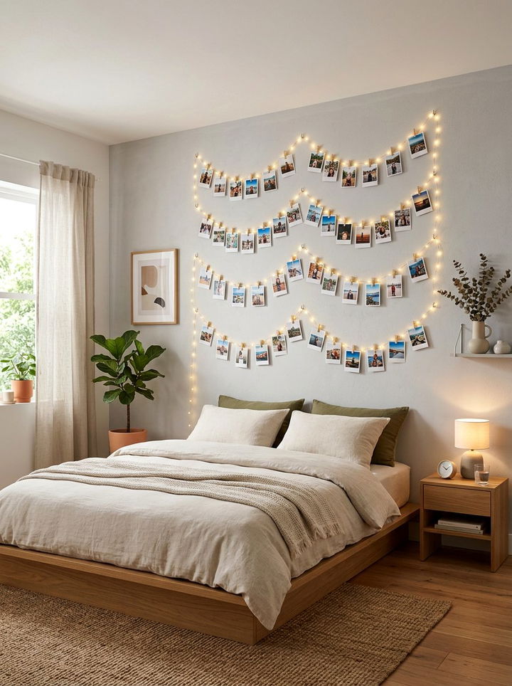 String lights with photo clips - 30 bedroom string lights ideas