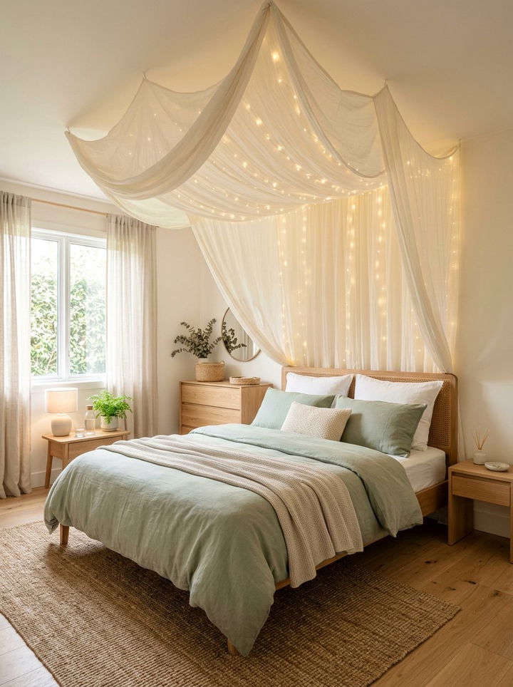 String lights with sheer fabric - 30 bedroom string lights ideas