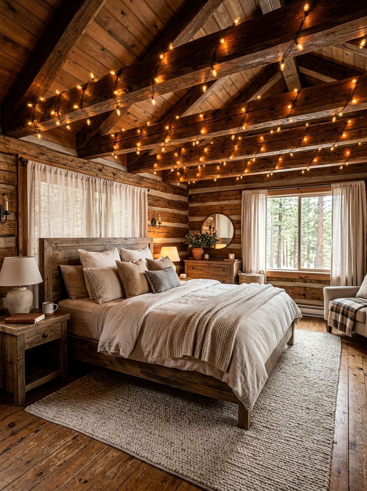 String lights wrapped around beams - 30 bedroom string lights ideas