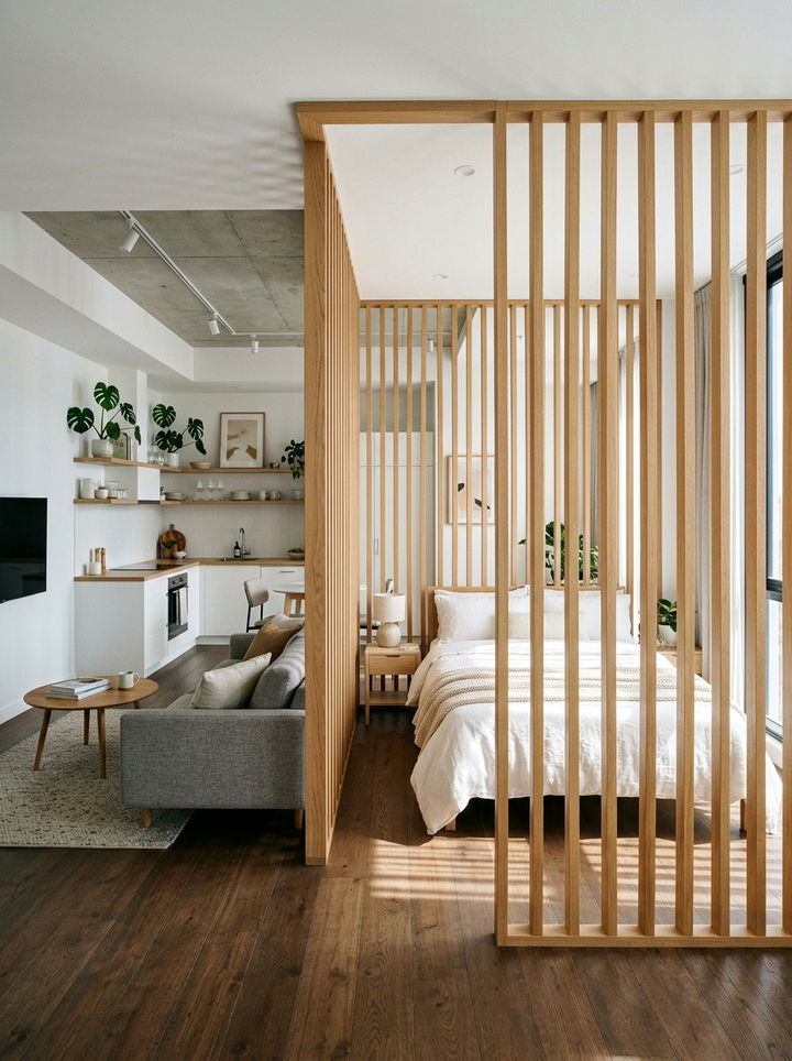 Studio Apartment Wood Slat Divider - 30 studio apartment bedroom ideas