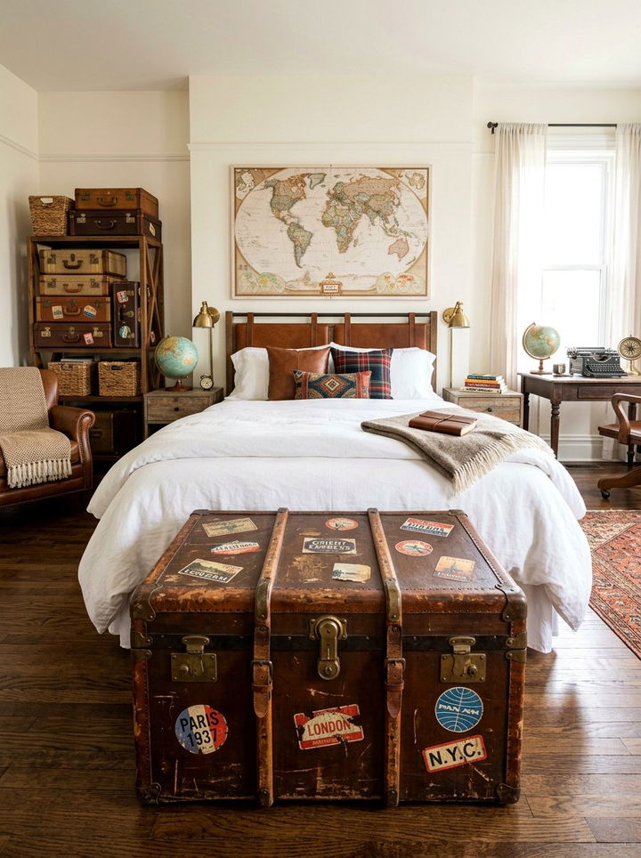 Suitcase Footboard Storage - 30 travel themed bedroom ideas