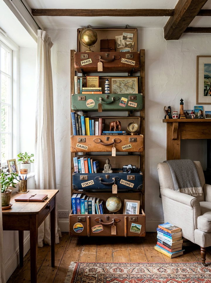 Suitcase shelving unit - 30 explorer bedroom ideas