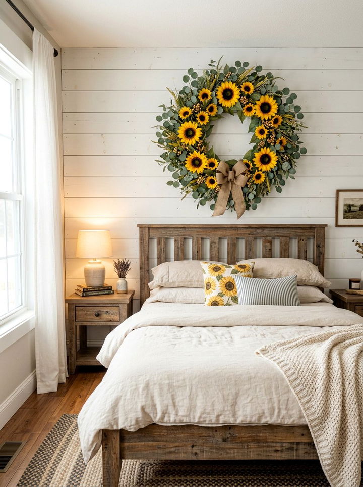 Sunflower Wreath Above Bed - 30 sunflower bedroom ideas
