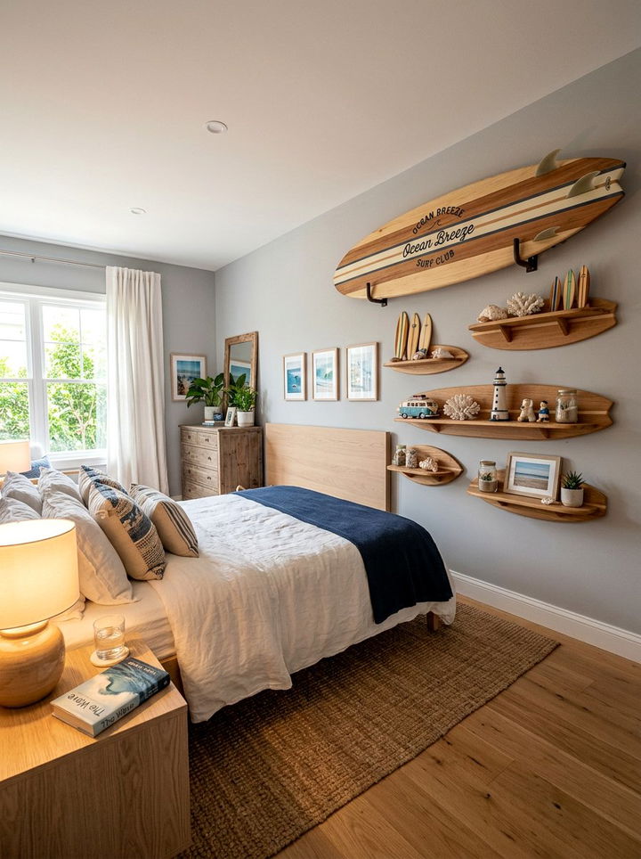 Surfboard Shelf Display - 30 surfing bedroom ideas
