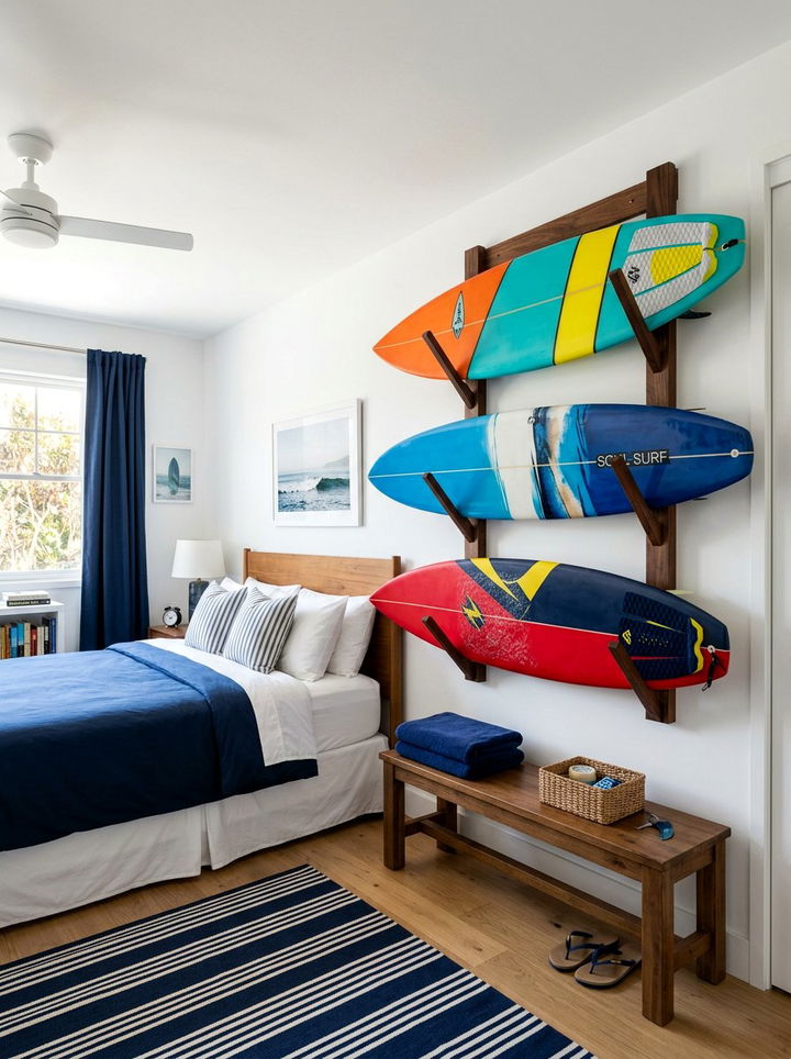 Surfboard Storage Rack - 30 surfing bedroom ideas